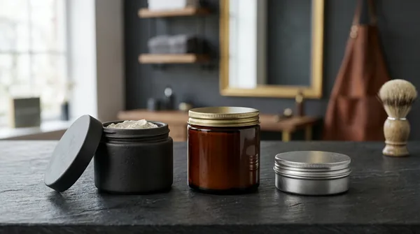 Three unbranded hair-clay jars in dark matte, amber glass and brushed metal on a dark slate counter