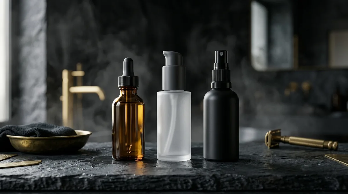 Three unbranded scalp serum bottles in amber glass, frosted white and matte black on a dark slate counter