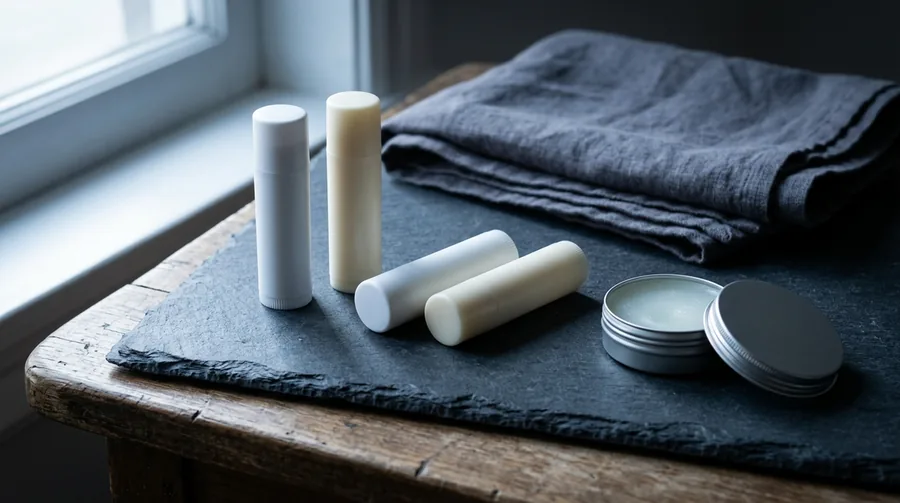 Four plain unlabelled balm tubes and a small open tin arranged on a dark slate slab beside a folded charcoal towel, lit from the side.