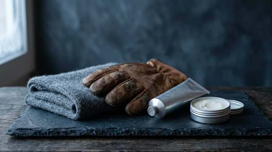 A plain unlabelled aluminium squeeze tube and a small open tin of pale balm beside a worn brown leather work glove and a folded grey wool scarf on a dark slate slab, in cold window light.
