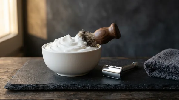 A plain white ceramic bowl heaped with thick white lather, a shaving brush with a dark wooden handle resting in it, and a chrome safety razor on a dark slate slab beside a folded grey towel.
