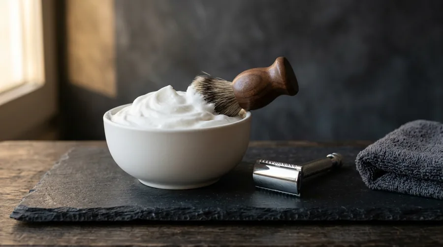 A plain white ceramic bowl heaped with thick white lather, a shaving brush with a dark wooden handle resting in it, and a chrome safety razor on a dark slate slab beside a folded grey towel.