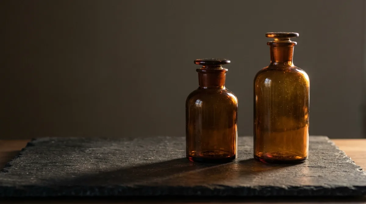 Two unlabelled amber glass apothecary bottles of different heights on a dark stone slab, lit warmly from the right with long shadows