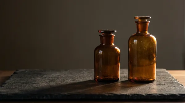 Two unlabelled amber glass apothecary bottles of different heights on a dark stone slab, lit warmly from the right with long shadows