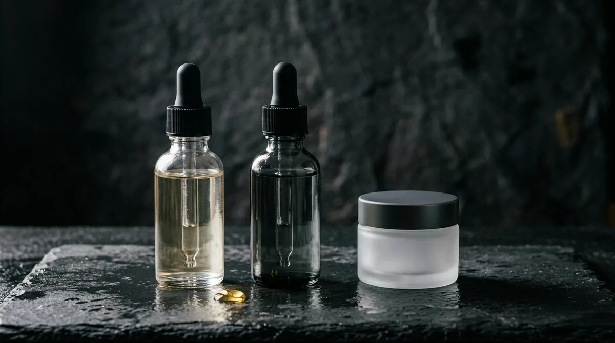 Two unbranded serum dropper bottles and a frosted glass jar on dark slate with soft side lighting