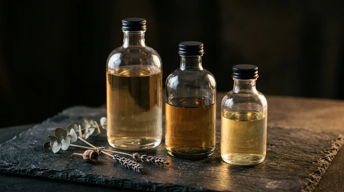 Three unlabelled apothecary-style glass bottles of different heights on dark slate under warm directional side light, with dried botanical stems