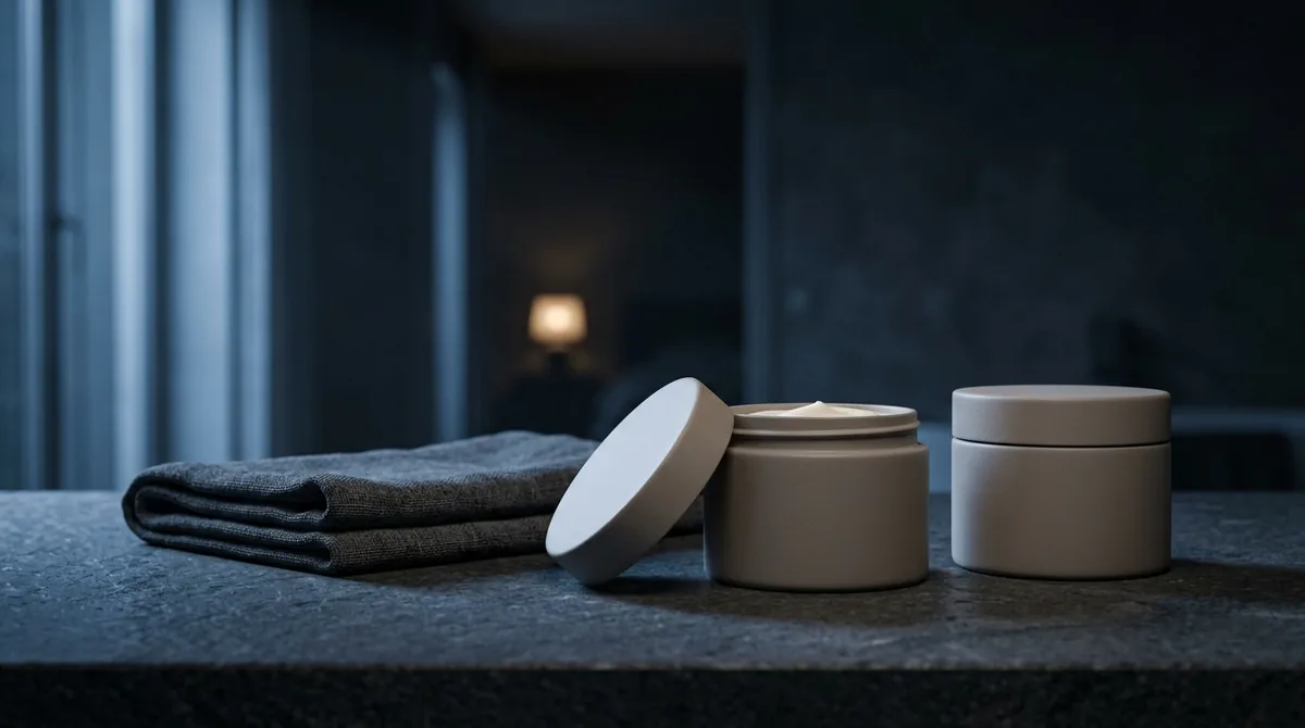 Two unlabelled matte ceramic cosmetic jars, one open, on a dark stone counter beside a folded charcoal towel in cool blue night light