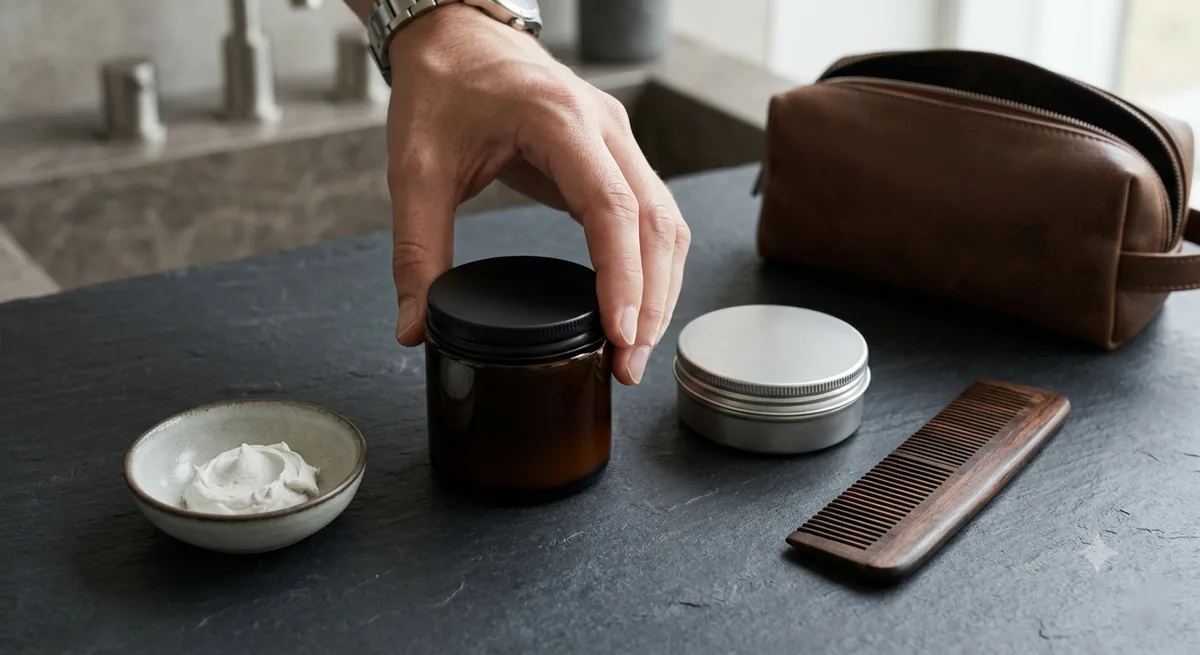 A hand lifting the lid from an amber glass pomade jar beside a metal tin, wooden comb and leather dopp kit on a dark slate counter