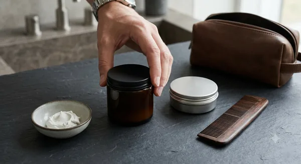 An unbranded pomade jar, tin and wooden comb on a dark slate counter