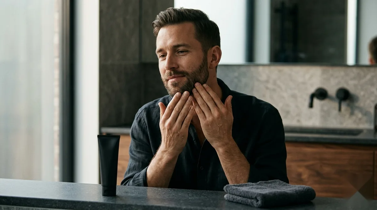 A man smoothing a soothing post-shave balm along his freshly shaved jaw