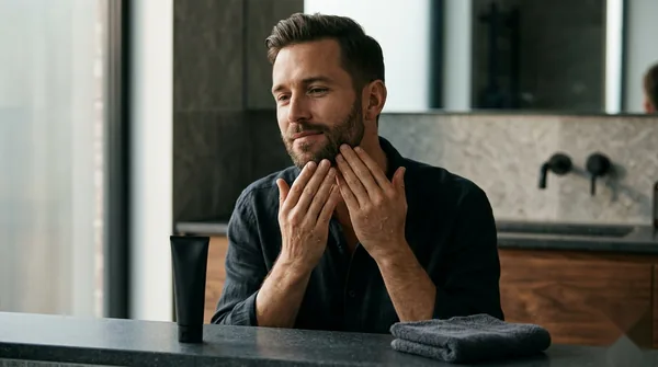 A man smoothing a soothing post-shave balm along his freshly shaved jaw