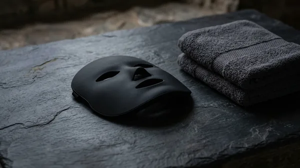 An unbranded matte black LED face panel resting on dark slate beside a folded grey towel under low warm light