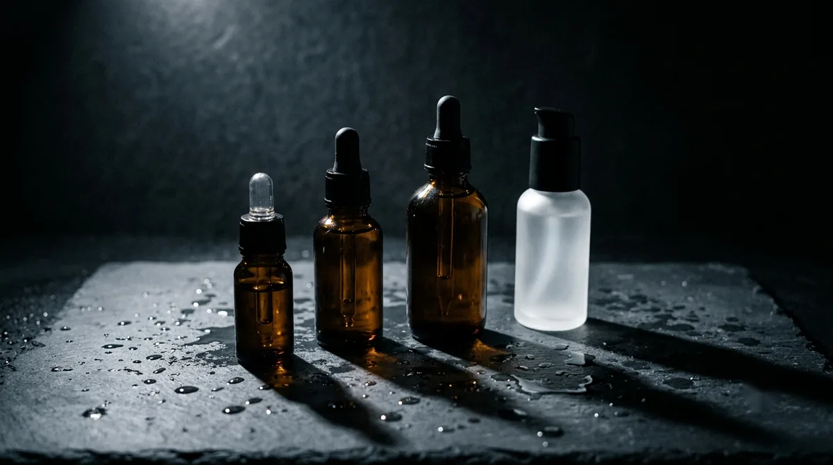 Three unbranded amber glass dropper bottles and a frosted white pump bottle on dark slate under hard directional light