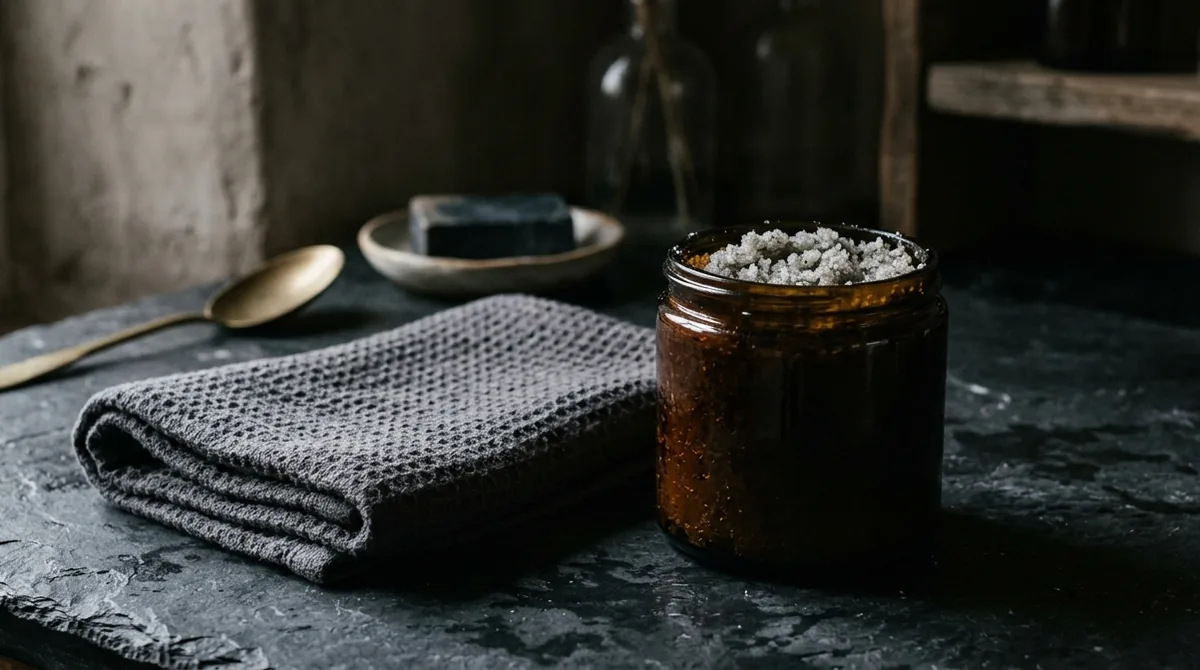 An unlabelled amber glass jar of coarse grey scalp scrub open on dark slate beside a folded charcoal towel