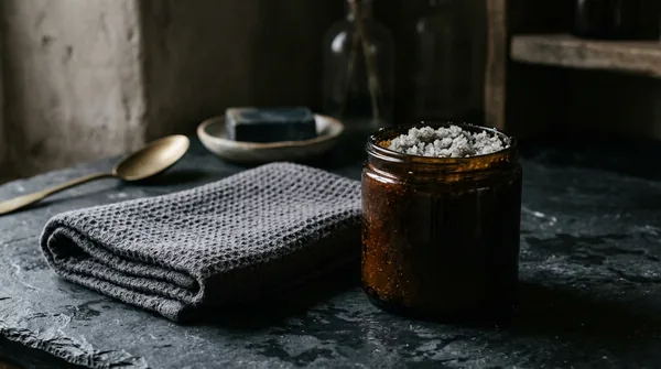 An unlabelled amber glass jar of coarse grey scalp scrub open on dark slate beside a folded charcoal towel