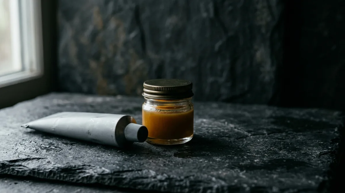 An unlabelled pale squeeze tube lying beside a small unmarked amber glass jar on dark slate under soft window light