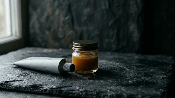 An unlabelled pale squeeze tube lying beside a small unmarked amber glass jar on dark slate under soft window light
