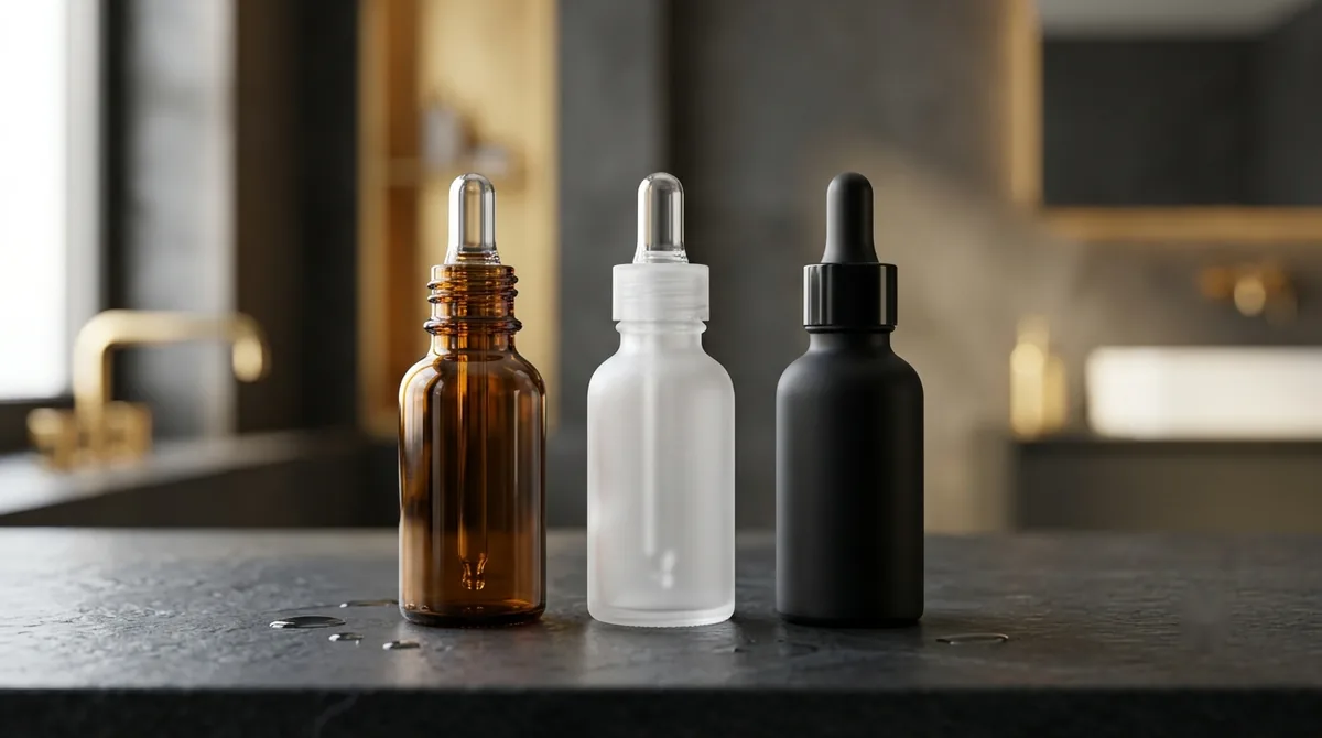 Three unbranded serum dropper bottles in amber, frosted and black glass on a dark slate counter