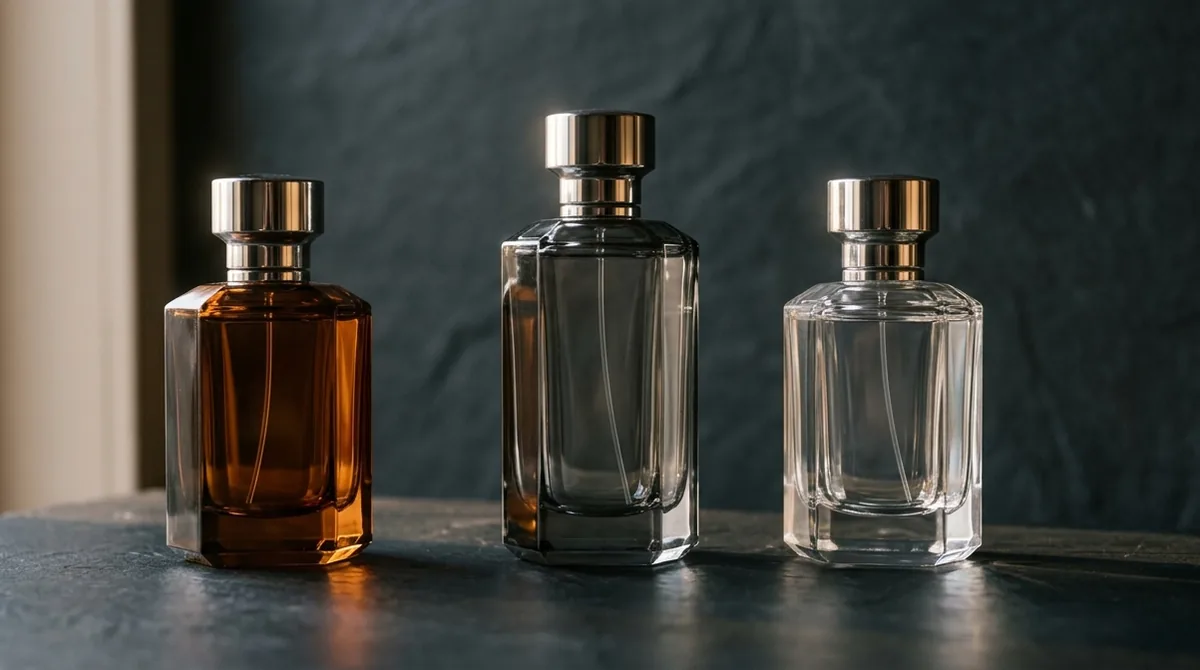 Three unlabelled heavy glass fragrance bottles in amber, smoke grey and clear on dark stone under warm directional light