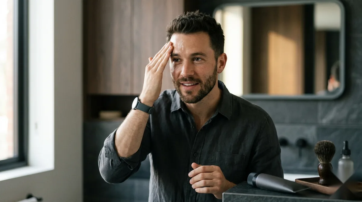 A man patting a lightweight mattifying moisturizer onto fresh, matte skin