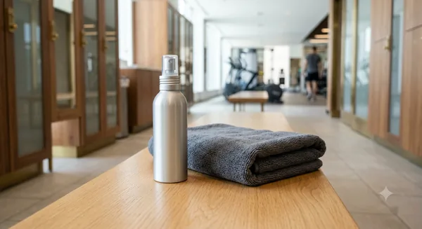 A facial mist bottle in an open gym bag beside a towel