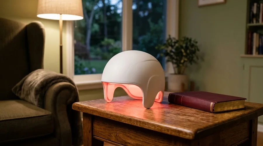 A plain white helmet-shaped light therapy cap glowing faintly red inside, on a wooden side table beside an armchair and a closed red book, in evening lamplight.