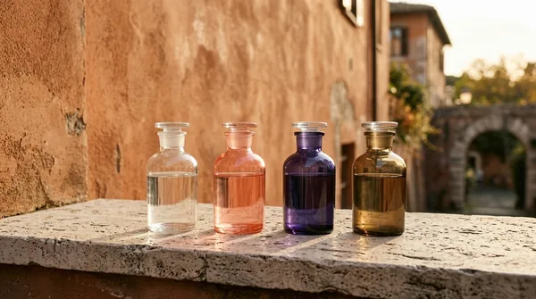 Four plain unlabelled glass apothecary bottles, clear, coral pink, deep violet and amber, on a travertine ledge against a terracotta wall in late sun.