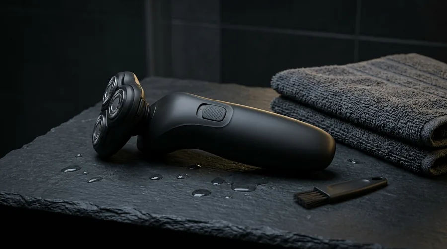 A plain unbranded matte black rotary head shaver with three round cutting heads lying on a wet dark slate counter beside a folded charcoal towel and a small cleaning brush.
