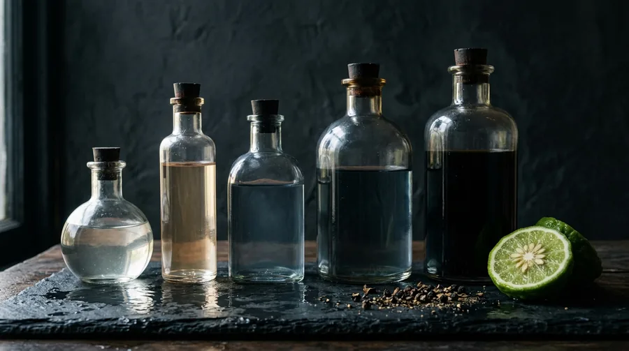 Five plain unlabelled glass apothecary bottles with cork stoppers, holding liquid that runs from clear through pale amber and smoky grey to near-black, on wet dark slate beside cracked black peppercorns and a halved green bergamot.