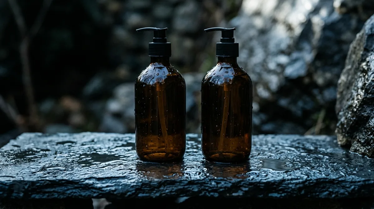 Two unlabelled amber glass bottles on a wet dark stone shelf with water beading on the surface in cool light