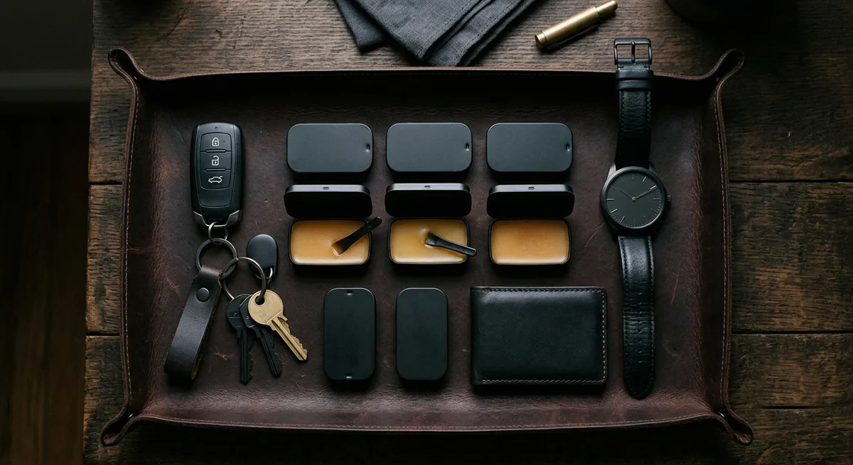 Three open tins of solid balm cologne on a leather valet tray beside keys, a watch and a wallet