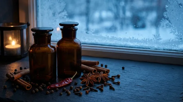 Two amber glass bottles with black caps on dark slate among cinnamon sticks, star anise, cloves and a dried chili, beside a frosted window.