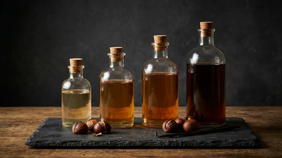 Four plain unlabelled corked glass bottles of different heights holding liquid from pale gold to deep brown, on a dark slate slab with roasted chestnuts and a vanilla pod.