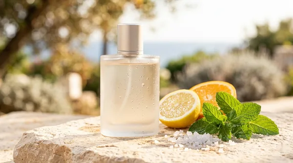 A frosted fresh summer cologne bottle beside citrus, mint and sea salt on sun-warmed stone