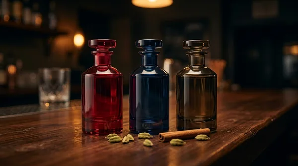 Three plain unlabelled glass bottles, ruby red, midnight blue and smoky amber, on a walnut bar top beside cardamom pods and a cinnamon stick.